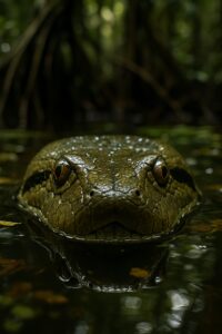 Green anaconda head breaking water surface in a clear jungle river
