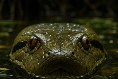 Green anaconda head breaking water surface in a clear jungle river
