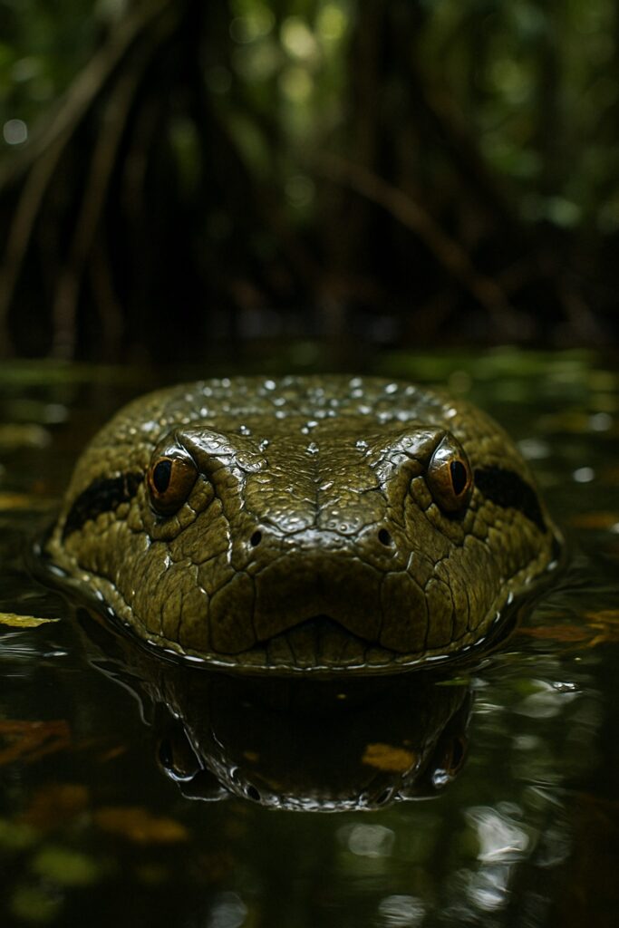 Green anaconda head breaking water surface in a clear jungle river