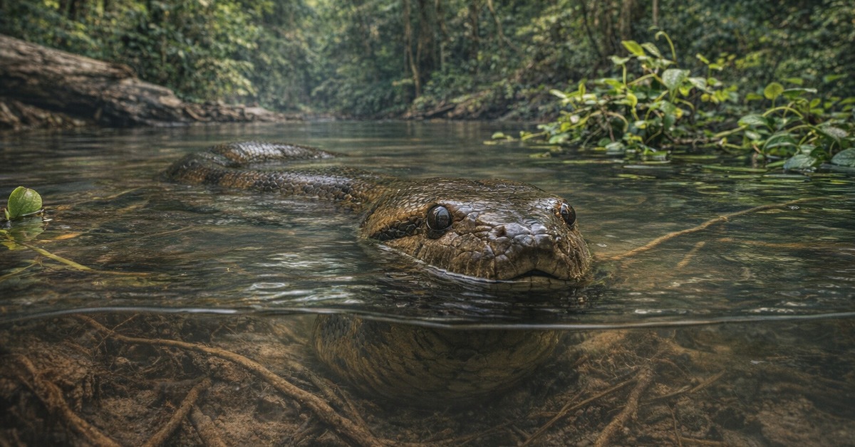 Massive green anaconda coiled beneath murky shallow river water in rainforest