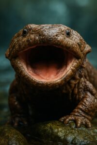 Eastern hellbender salamander gaping on mossy submerged rock in clear Appalachian stream