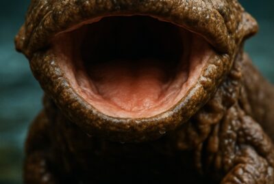 Eastern hellbender salamander gaping on mossy submerged rock in clear Appalachian stream