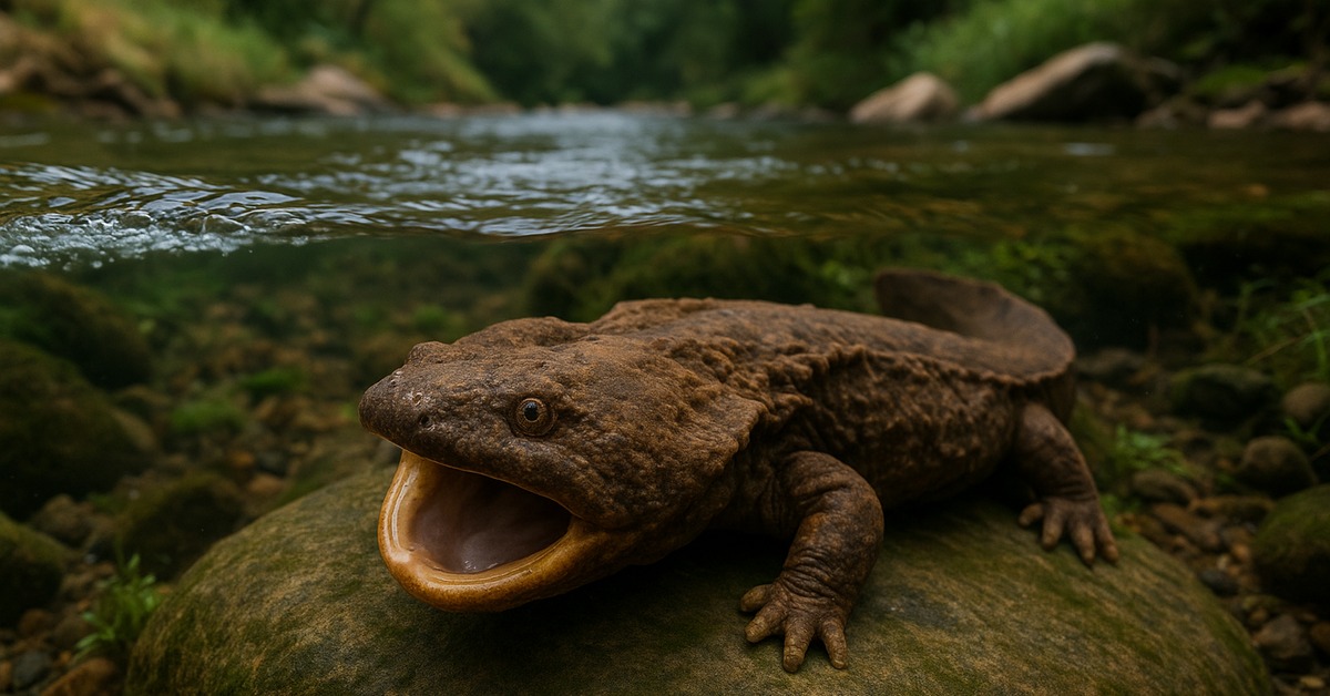 Underwater view of hellbender salamander clinging to rocky streambed in fast-flowing current