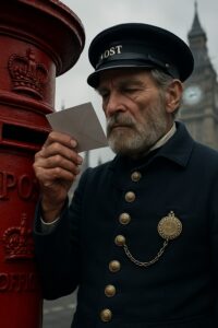 Victorian-uniformed British postal worker examining letter beside red Royal Mail pillar box near Big Ben
