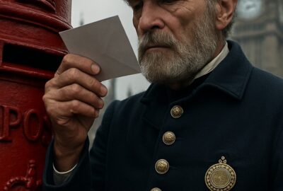 Victorian-uniformed British postal worker examining letter beside red Royal Mail pillar box near Big Ben