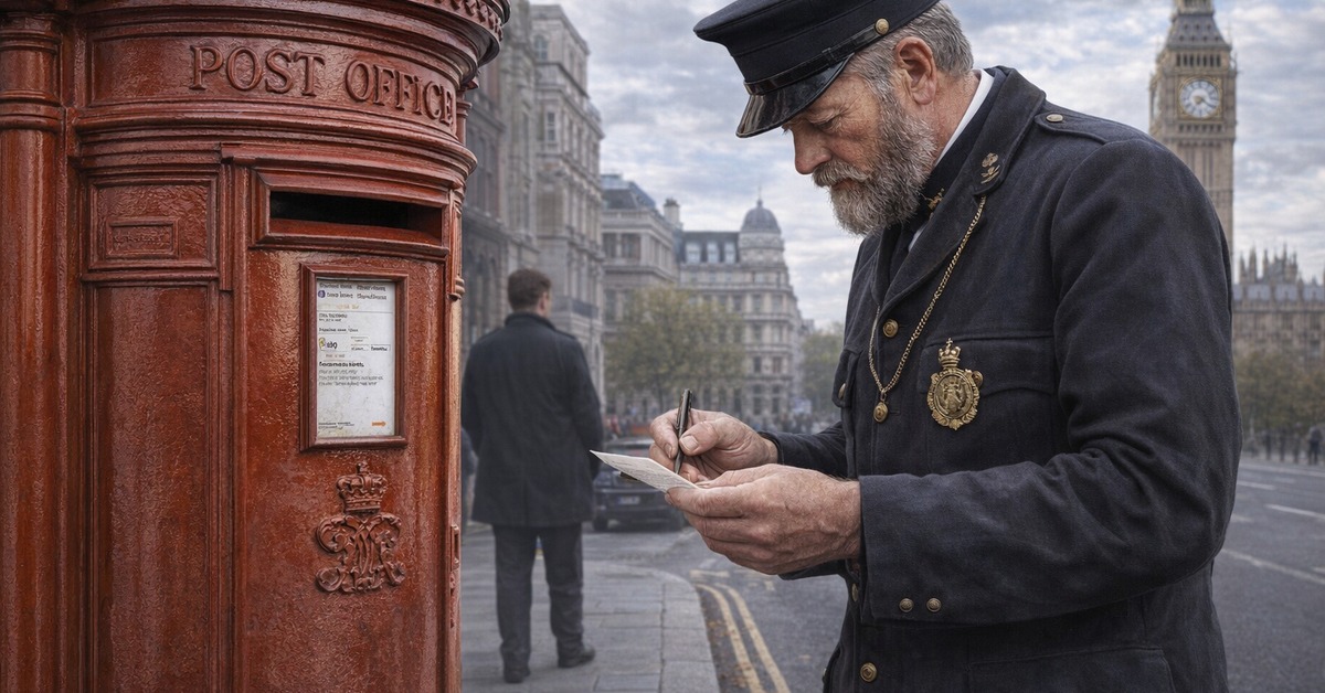 Aged British postman standing at iconic red postbox on foggy London street near Parliament