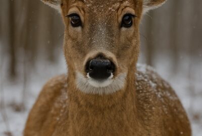 White-tailed deer doe resting in snow-covered forest with snowflakes on her back