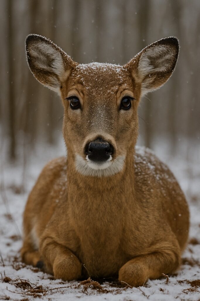 White-tailed deer doe resting in snow-covered forest with snowflakes on her back
