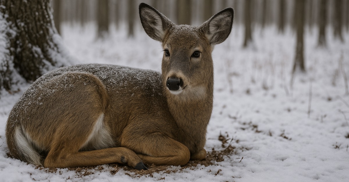 White-tailed deer bedded in winter forest viewed from a low side angle