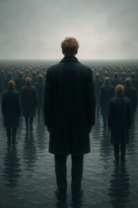Lone figure standing apart from a vast identical crowd reflected in still water