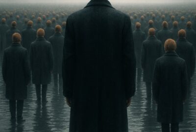 Lone figure standing apart from a vast identical crowd reflected in still water