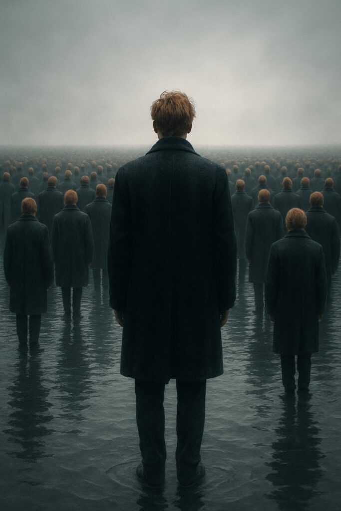 Lone figure standing apart from a vast identical crowd reflected in still water