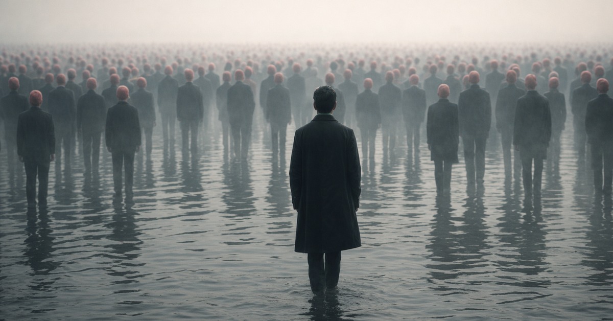 Aerial view of endless identical figures crowding a misty reflective landscape