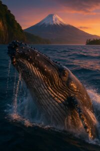 Humpback whale breaching at golden hour with volcanic peak and tropical coastline behind