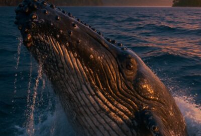 Humpback whale breaching at golden hour with volcanic peak and tropical coastline behind