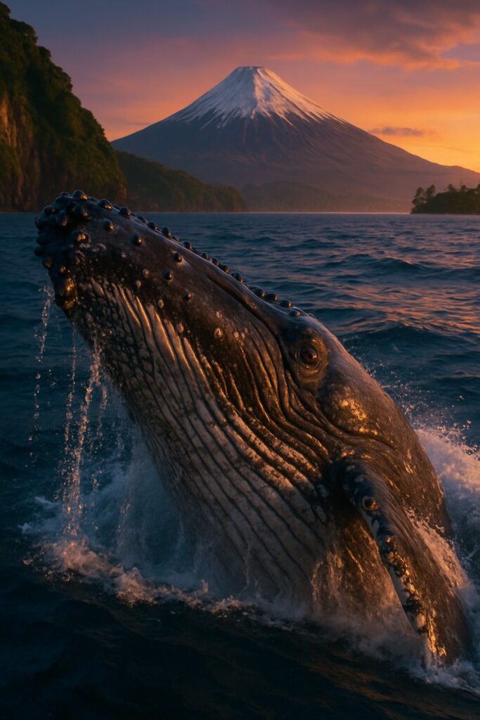 Humpback whale breaching at golden hour with volcanic peak and tropical coastline behind