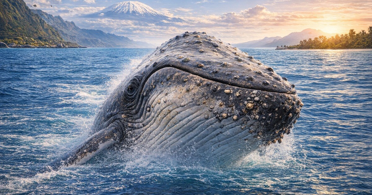 Massive humpback whale tail fluke rising from cobalt ocean at dramatic sunset