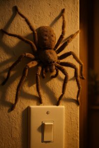 Giant huntsman spider with splayed legs on a warm-lit interior plaster wall