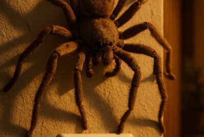 Giant huntsman spider with splayed legs on a warm-lit interior plaster wall