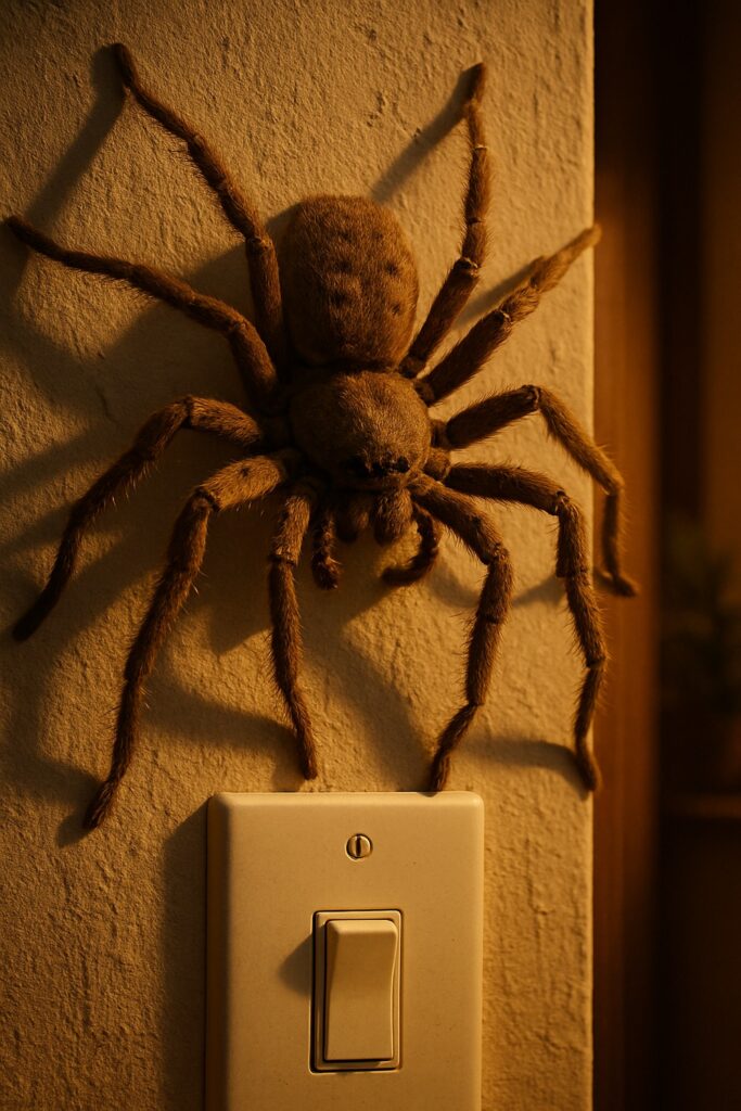 Giant huntsman spider with splayed legs on a warm-lit interior plaster wall