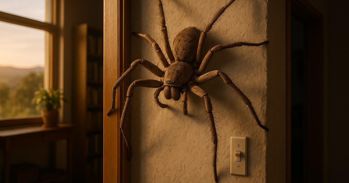 Close-up of huntsman spider on textured wall near golden-hour window light