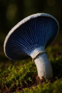 Indigo milk cap mushroom gills glowing deep cobalt blue on mossy forest floor