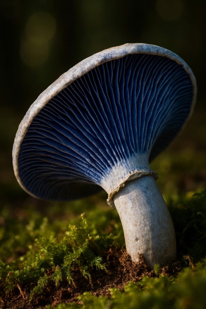 Indigo milk cap mushroom gills glowing deep cobalt blue on mossy forest floor