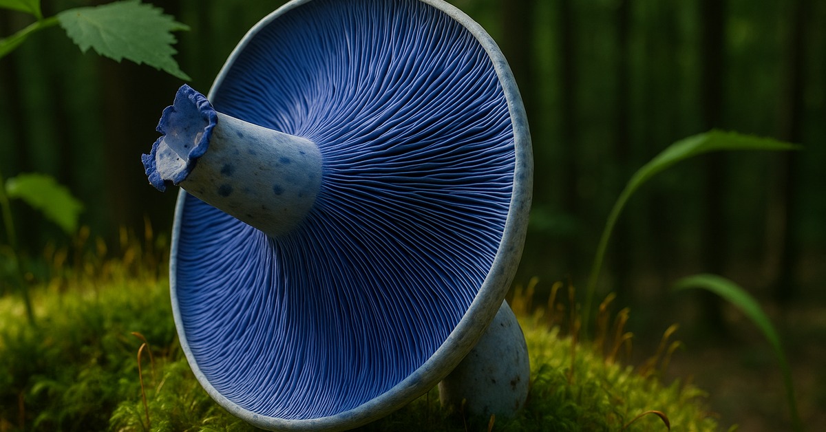 Close-up top view of indigo milk cap cap surface with rich blue pigmentation