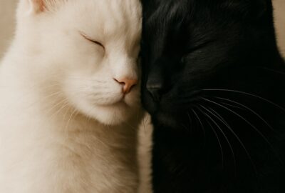 White and black cat pressed cheek to cheek eyes closed in yin-yang harmony