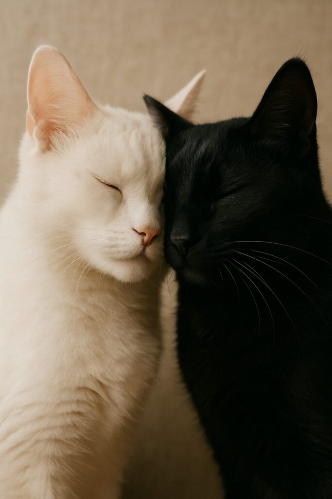 White and black cat pressed cheek to cheek eyes closed in yin-yang harmony