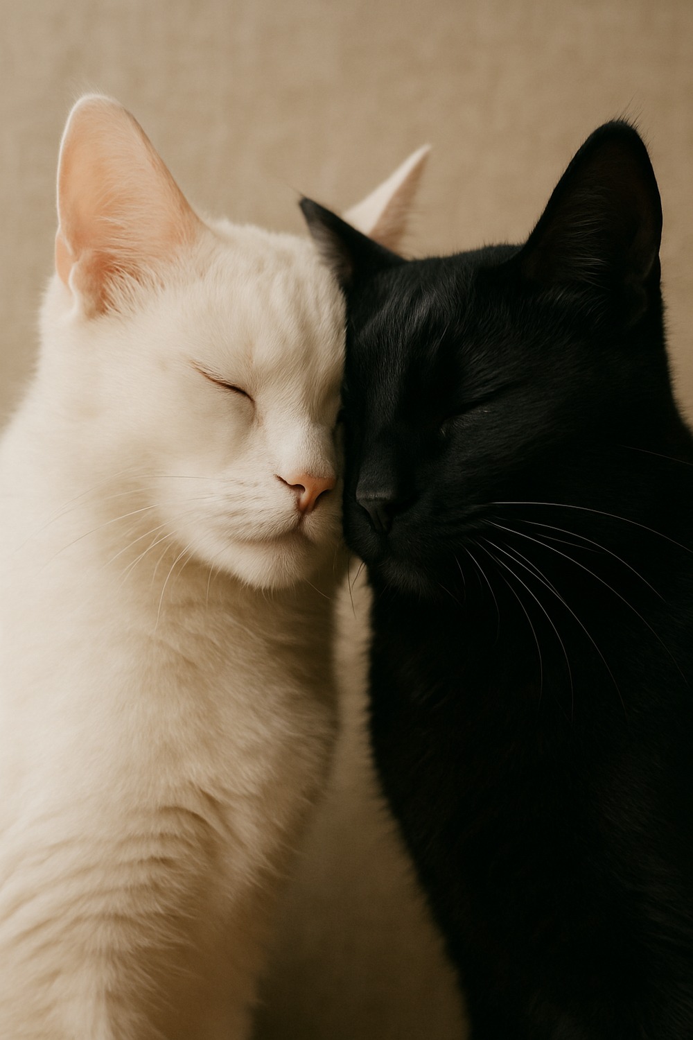 White and black cat pressed cheek to cheek eyes closed in yin-yang harmony