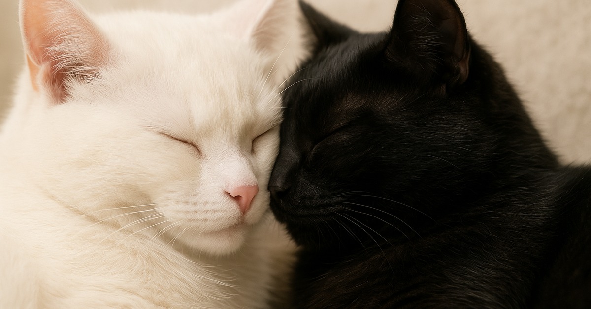 Black and white bonded cats resting together from above in soft natural light