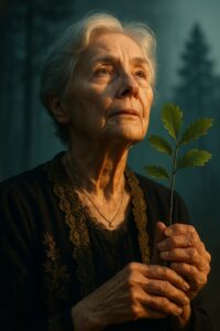 Elderly woman stands beside young sapling in misty golden morning forest