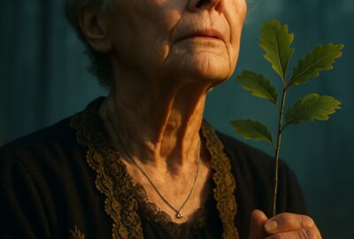 Elderly woman stands beside young sapling in misty golden morning forest