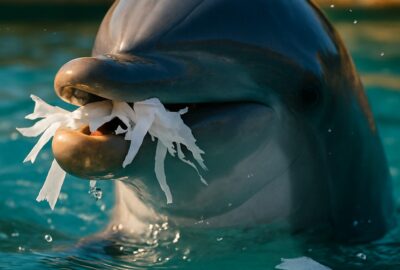Bottlenose dolphin holds shredded paper in mouth at aquarium pool edge with trainers nearby