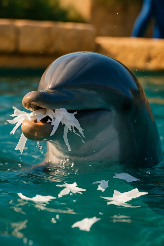 Bottlenose dolphin holds shredded paper in mouth at aquarium pool edge with trainers nearby