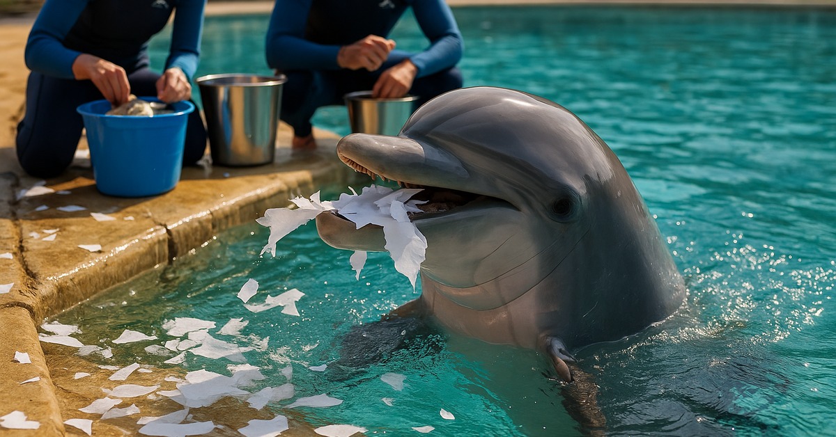 Bottlenose dolphin surfacing at a marine facility with a trainer visible, reflecting research into dolphin intelligence and cognition
