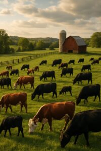 Hereford and Angus cattle grazing on a lush Kentucky farm with a red barn and silo