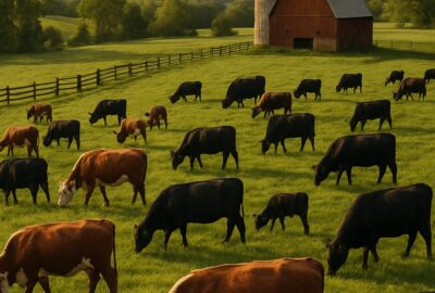 Hereford and Angus cattle grazing on a lush Kentucky farm with a red barn and silo