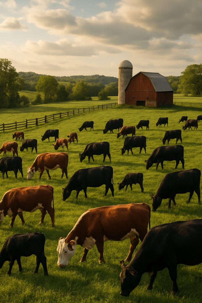 Hereford and Angus cattle grazing on a lush Kentucky farm with a red barn and silo
