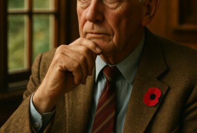 Elderly dignified man in tweed blazer reflects thoughtfully beside a sunlit window