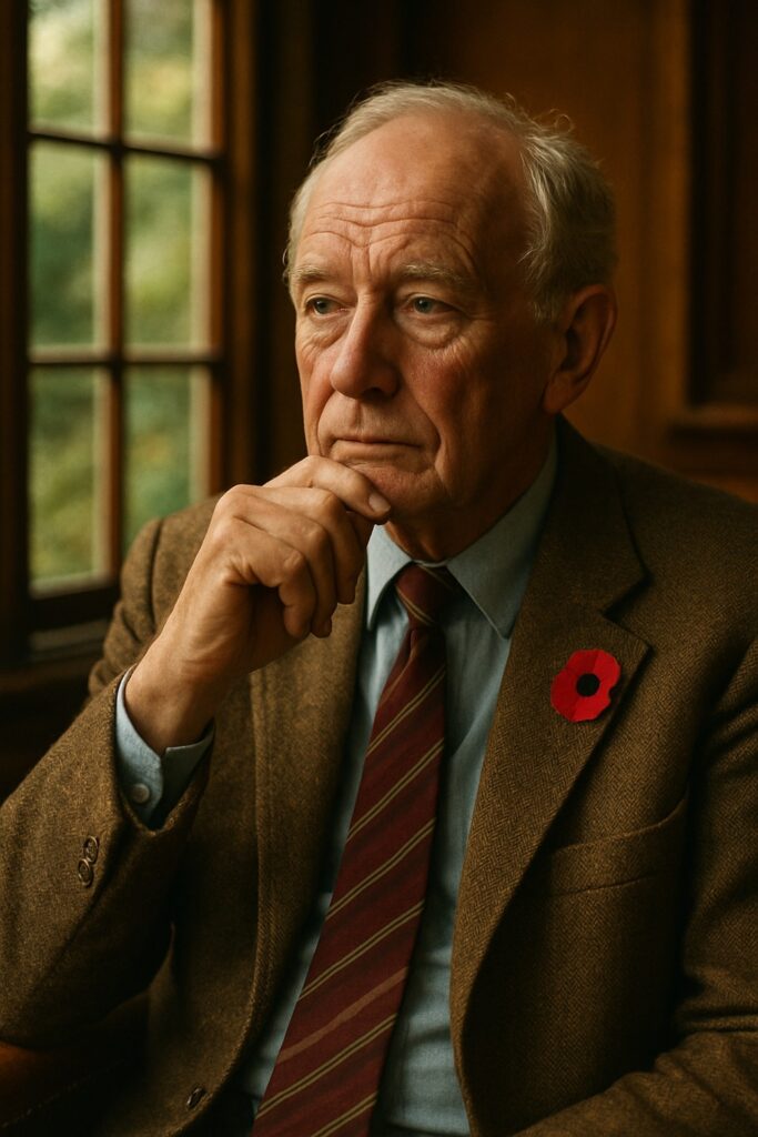 Elderly dignified man in tweed blazer reflects thoughtfully beside a sunlit window