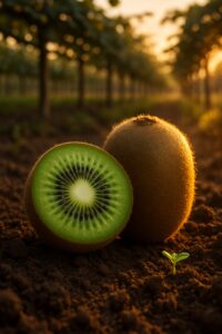 Halved and whole kiwi fruit resting on dark soil in a sunlit orchard