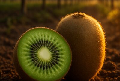 Halved and whole kiwi fruit resting on dark soil in a sunlit orchard