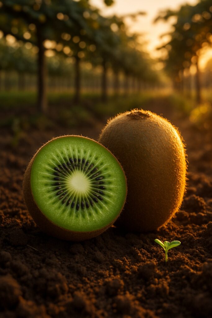 Halved and whole kiwi fruit resting on dark soil in a sunlit orchard