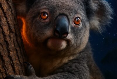 Koala gripping eucalyptus tree with erupting volcano and Earth globe in surreal cosmic background