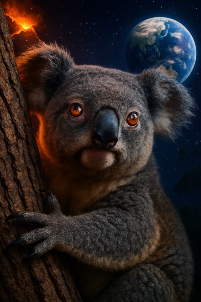 Koala gripping eucalyptus tree with erupting volcano and Earth globe in surreal cosmic background