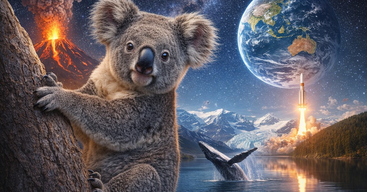 Koala on bark with breaching humpback whale rocket launch and snowy mountains behind