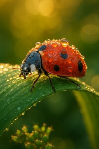 Macro close-up of a seven-spot ladybird on a dew-covered green leaf