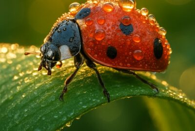 Macro close-up of a seven-spot ladybird on a dew-covered green leaf